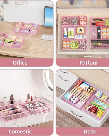 Marbrasse 2 Pack Desk Drawer Organizer, Mesh Drawer Organizer Tray with 8 Adjustable Compartments, Desk Organizers and Accessories, 5 Dividers Drawer for Office Supplies, Makeup & Vanity (Pink)