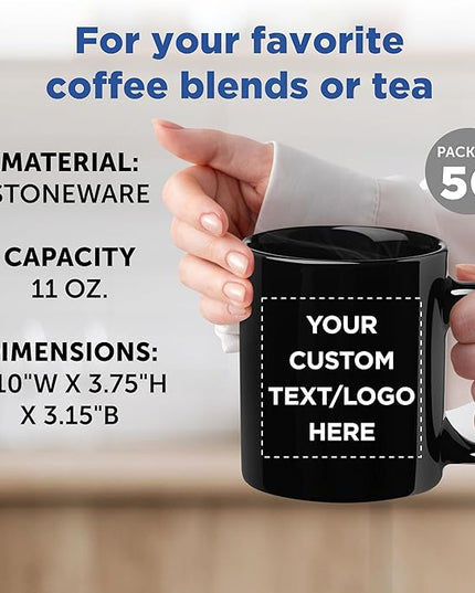 Custom Ceramic Coffee Mugs 11 oz. Set of 50, Personalized Bulk Pack - Coffee cup set, Iced coffee cup, Gaming mug - Black