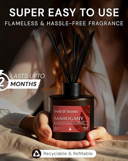 Soul & Scents Reed Diffuser Set – Mahogany | 7.43 oz Refillable Scented Oil with 6 Fiber Sticks | Long-Lasting Home Fragrance & Air Freshener for Bedroom, Bathroom, Office | Gift & Décor Piece