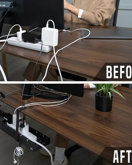 No Drill Under Desk Cable Management Tray - Extendable 16" to 31" Sturdy Steel Desk Cord Hider Raceway - Under Desk Cable Tray Holder with 38 Wire & Cable Rack Organizer Accessories - Black