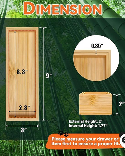 Bamboo Drawer Organizer – Set of 2 Stackable Storage Boxes, Silverware Tray & Small Gadget Holder for Kitchen Drawers, 9" x 3" x 2" (Outer), 8.3" x 2.3" x 1.77" (Inner)