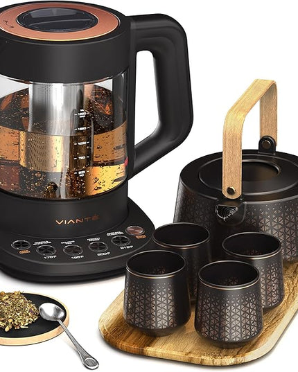 Vianté Luxury Tea Set. Electric Kettle with Infuser for Loose Leaf And Ceramic Serving Set. Teapot and Cup Set with Wooden Tray. Excellent Gift Idea For Tea Lovers.