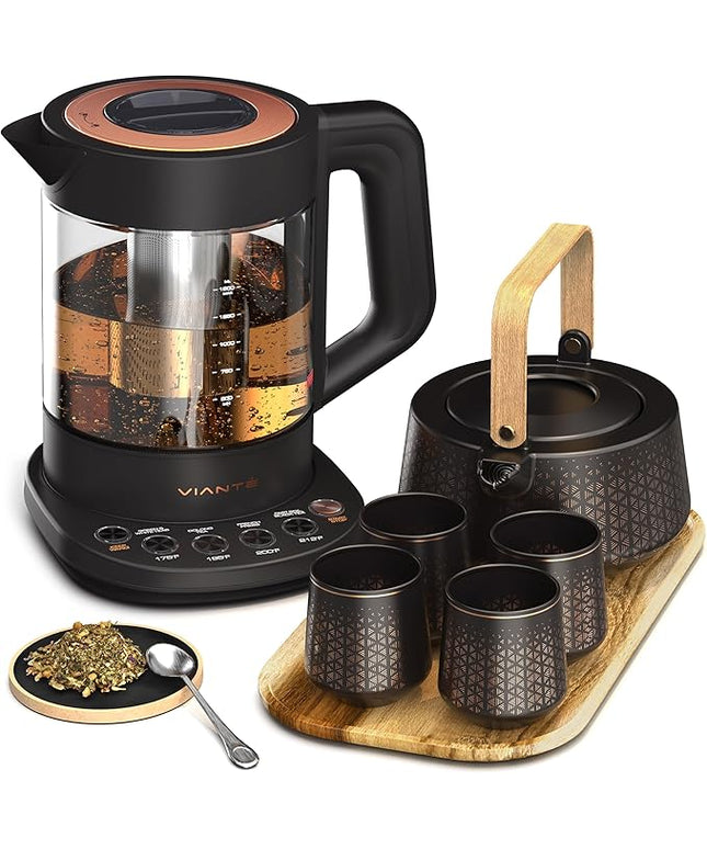 Vianté Luxury Tea Set. Electric Kettle with Infuser for Loose Leaf And Ceramic Serving Set. Teapot and Cup Set with Wooden Tray. Excellent Gift Idea For Tea Lovers.