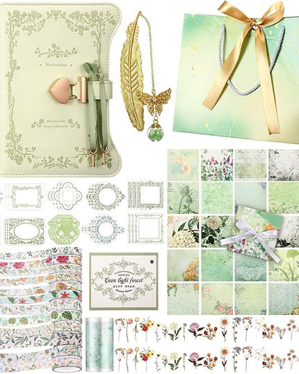 Janlaugh DIY Journal Diary with Lock Set Scrapbook Kit Stationary Diary Supplies Art Crafts Kit for Birthday Holidays Ideal Gifts for Women Teen Girls(Light Green,Fresh)