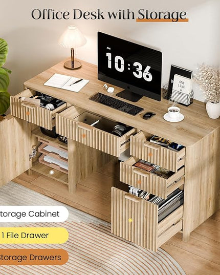 58" Fluted Home Office Desks with Storage, Modern Executive Desk Computer Desks with 5 Drawers & Cabinet, Wood Work Desk File Drawer for Office, Bedroom, Study, Living Room, Oak