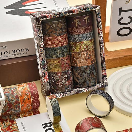 Songdao 12 Rolls Kyoto Charm Washi Tape Set Japanese Arts Adhesive Tapes Geometric Garden Decorative Masking Tape Sets for Craft, Kids, Scrapbook, DIY, Gift Wrapping (Crimson Fields)