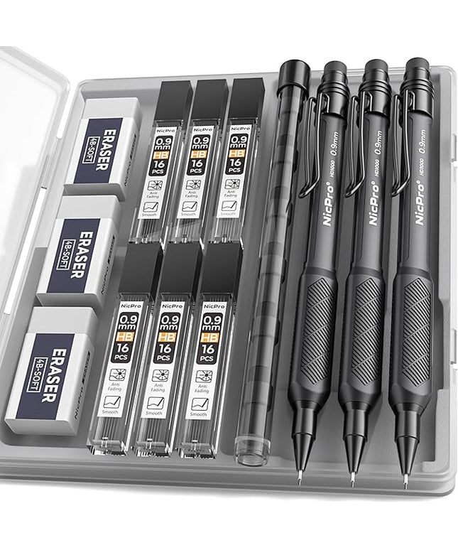 Nicpro Art Mechanical Pencil 0.9mm with Case, 3PCS HD1000 Hevey Duty Lead Pencils With 6 Tube HB 0.9 Lead Refill, Eraser, Weatherproof Barrel Pencil Set for Outdoor Writing Drafting Drawing Sketching