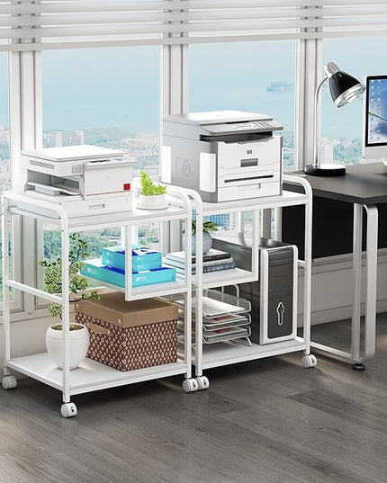 Large Printer Stand Table with Storage Shelf for Host Computer, PC Tower, CPU and Shredder, 3 Tier Rolling Printer Cart with Wheels for Home Office Storage and Organization - White