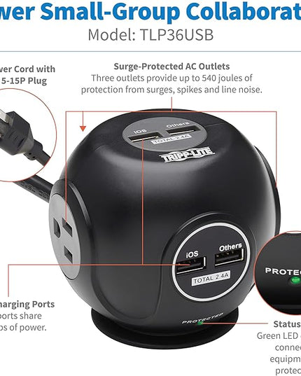 Tripp Lite Surge Protector 3-Outlet Spherical Surge Protector, 4 USB Ports (4.8A Shared) - 6-ft. (1.83 m) Cord, 5-15P Plug, 540 Joules, Black (TLP36USB)