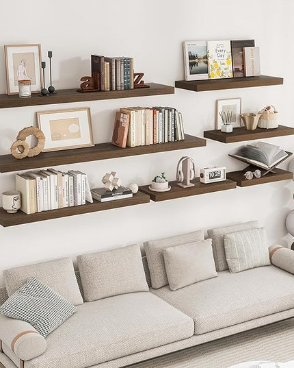 RICHFOCUS 36Inch Floating Shelves for Wall 2 Pack Shelves for Bedroom|Kitchen|Bathroom Wall Mounted Rustic Wood Floating Shelf with Invisible Brackets for Books|Storage|Decor, Walnut