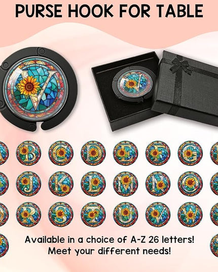 YAZMEEN Stained Glass Initial Foldable Purse Hook for Table, Stained Glass Letter V, Women's Handbag Hanger Holder, Portable Purse Table Hanger, Funny Desk Hook Gifts for Mom Wife Sister Friend BFF