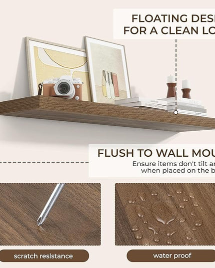 RICHFOCUS 40Inch Floating Shelves for Wall 2 Pack Shelves for Bedroom|Kitchen|Bathroom Wall Mounted Rustic Wood Floating Shelf with Invisible Brackets for Books|Storage|Decor, Walnut