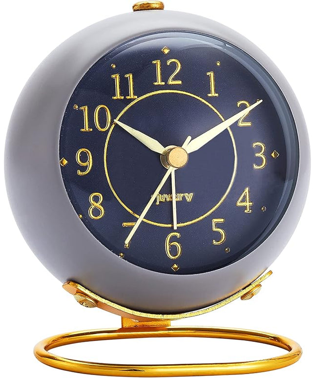 rjuwurv Metal Desk Alarm Clock, Retro Bedroom Table Vintage Analog Alarm Clock, Silent Non-Ticking Gold Clock, Bedside Décor(Sinor Gray)