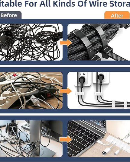 319pcs Cable Management Organizer Kit, Desk Cord Organizer, 98 Adhesive Cable Clips Holder, 17 Reusable Cable Strap, 4 Cable Sleeve Split, and 200 Nylon Cable Zip Ties (White)