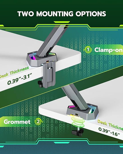 ARES WING RGB Single Monitor Arm Desk Mount for 17-45 inches Flat and Curved Monitors, Holds 35.2 lbs Heavy Duty, Adjustable Ultrawide Monitor Arm with Clamp & Grommet Base, 75/100 VESA Mount, Gray