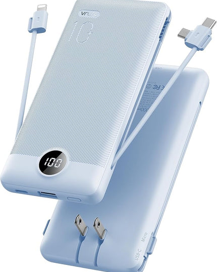 VRURC Portable Charger Built-in Cables and AC Wall Plug, USB C Power Bank 10000mAh, Travel Essentials Phone Charger Compact Lightweight External Battery Pack for Smart Phones, Tablets etc-Blue