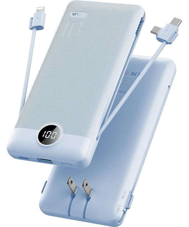 VRURC Portable Charger Built-in Cables and AC Wall Plug, USB C Power Bank 10000mAh, Travel Essentials Phone Charger Compact Lightweight External Battery Pack for Smart Phones, Tablets etc-Blue