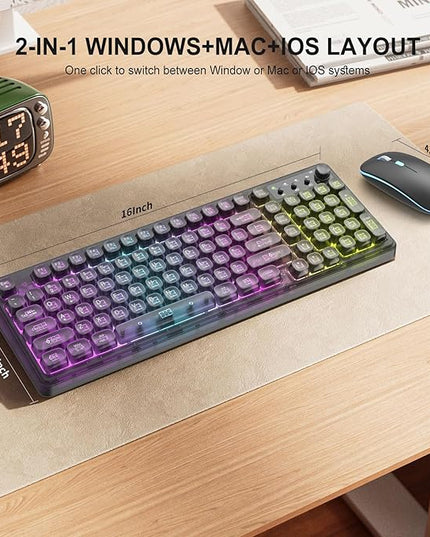 Black Light Up Keyboard and Mouse Wireless,Cute 2.4Ghz Cordless Rechargeable Transparent Backlit Keyboard,15 Backlight Effects,Volume Knob,RGB Mouse with 3 DPI for Mac Computer PC Laptop Desktop iPad