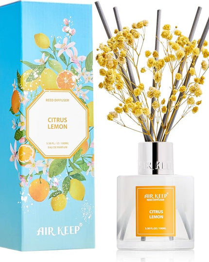Airkeep Reed Diffuser Set,3.38 fl oz (100 ml) - Citrus Lemon Oil Diffusers with 8 Reed Sticks, Home Fragrance Reed Diffuser for Bathroom Shelf Decor