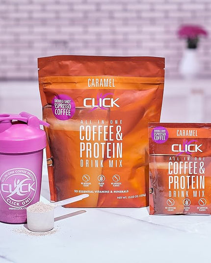Click Coffee Protein Powder | Double Shot Espresso | 16g Protein | 23 Essential Vitamins | Low Calorie Meal Replacement | 150mg Caffeine | Gluten Free | No Artificial Flavors or Colors | Caramel