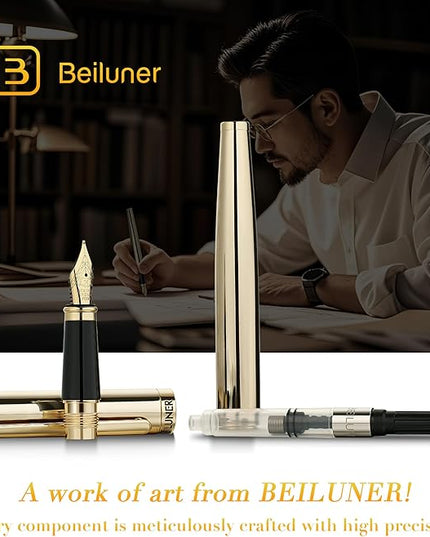 BEILUNER Gold Fountain Pen,Stunning Luxury Pens with 24K Gold Finish, Gorgeous 24K Gilded Nib(Medium), Fancy Pen Gift Set for Men&Women -Ink Converter-Elegant,Office,Nice Pen for Writing