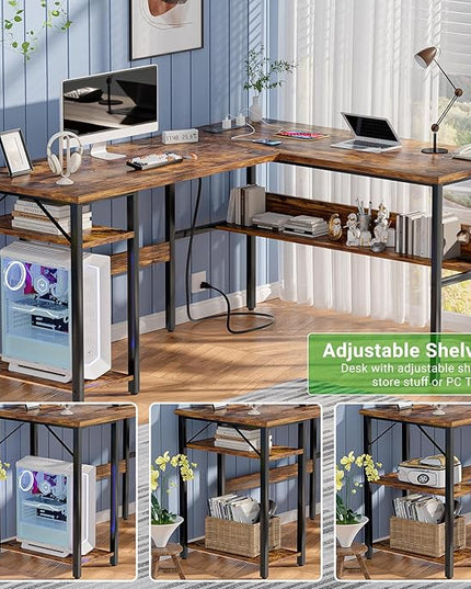 Unikito L Shaped Computer Desk with Magic Power Outlets and USB Charging Port, Sturdy Reversible Corner Desk with Storage Shelves, Modern Work Desk for Home Office, Easy to Assemble, Rustic Brown