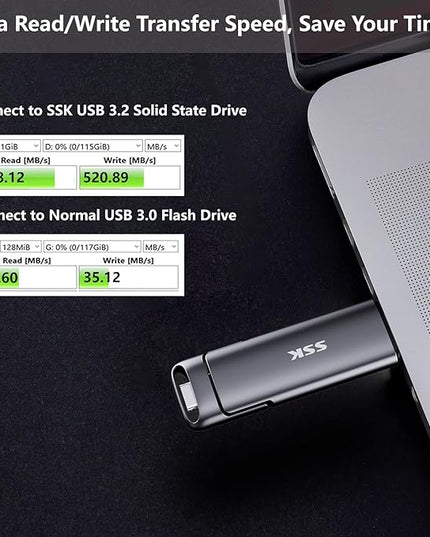 SSK 256GB Dual USB C Flash Drive, 2-in-1 Type C+ USB A 3.2 Gen2 Solid State Thumb Drive,Speed Up to 550MB/s Memory Stick Data Storage for iPhone 15, Android Phone,Tablet,MacBook,Windows