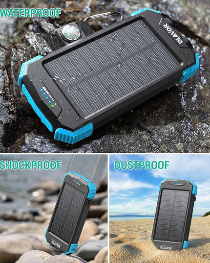 BLAVOR Solar Power Bank 10,000mAh, Portable Wireless Charger, 20W Fast Charging External Battery Pack with USB C for Cell Phones, Solar Panel Charging with Dual Flashlight for Camping