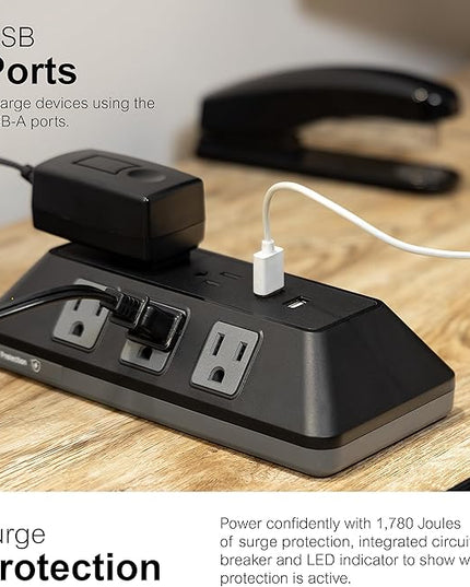 GE UltraPro Adapt 8-Outlet Surge Protector with USB Ports, 2 USB-A Ports, 2.4A, 3ft Braided Cord Power Strip Surge Protector, 1780 Joules, Black, 73776