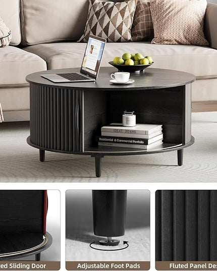 JOINICE,Black Round Coffee Table with Storage, 31.5" Fluted Center Table with Sliding Door, Modern Circle Drum Accent Table for Living Room, Sleek Wood Furniture for Small Spaces & Apartments