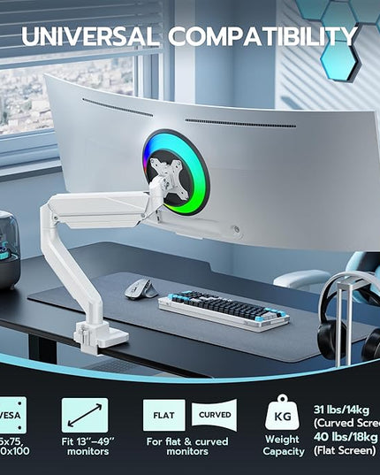 ARES WING Ultrawide Monitor Arm, Heavy Duty Single Monitor Mount for 13"-49" Curved Screens, Adjustable Stand for Desk with C-clamp & Grommet Base up to 40 LBS, White