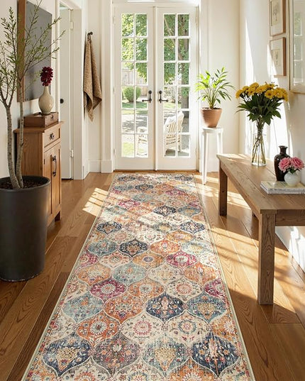 Lahome Moroccan Hallway Runner Rug, 2'5''x8' Ultra-Thin Washable Runners for Hallways Kitchen, Oriental Laundry Room Rug Non-Slip Vintage Long Carpet for Entryway Bedroom Bathroom, Cream/Multi