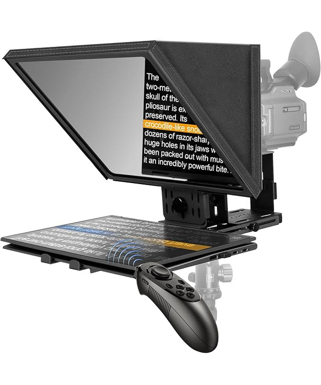 16-Inch Professional Teleprompter with Tempered Optical Glass, All-Metal Design, Remote Control & App Support, Works with Phones, Tablets, and Cameras