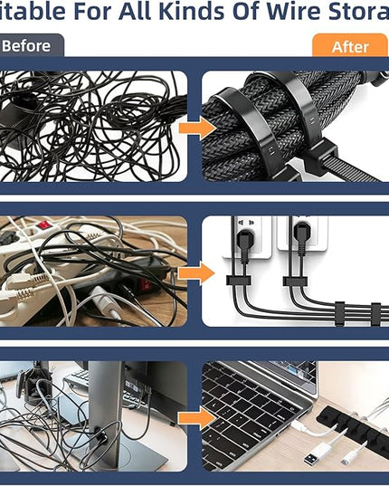319pcs Cable Management Organizer Kit, Desk Cord Organizer, 98 Adhesive Cable Clips Holder, 17 Reusable Cable Strap, 4 Cable Sleeve Split, and 200 Nylon Cable Zip Ties (Black)