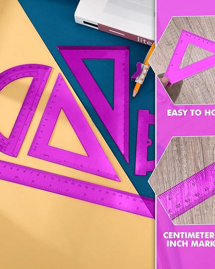 Tenare 6 Pcs Plastic Ruler Math Set Includes 12 Inch 6 Inch Straight Protractor Triangle Geometry Transparent Math Ruler Measuring Tools for School Office Home(Purple)