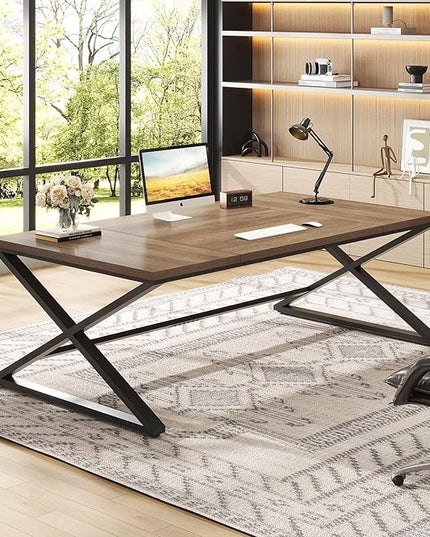 IBF Large Computer Desk, 78.7” Extra Long Home Office Desk, Wood Metal Work Desk for Study Writing, Farmhouse Simple Wide Double PC Gaming Computer Table Executive Workstation in Bedroom, Rustic Oak