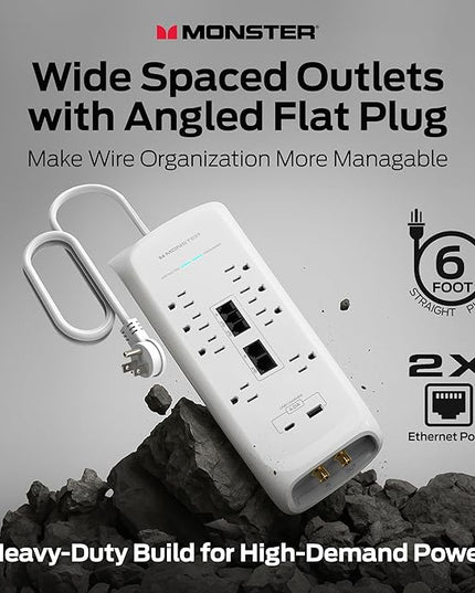 Monster Power Surge Protector w/ 4,050 Jules Rating — Heavy Duty Power Strips with Surge Protection, 8 Outlets, USB-A & USB-C, 2 Coax, 5 Ethernet Ports, Fireproof MOV, Dual Mode (6FT Cord, White)