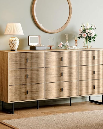 Chrangmay Modern Chest of Drawers with 9 Drawers,Deep Drawers,Clothes Organizer,Large Storage Cabinet for Living Room, Bedroom,Hallway,with Anti-Tipping Device, Oak