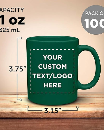 Custom Ceramic Coffee Mugs 11 oz. Set of 100, Personalized Bulk Pack - Coffee cup set, Iced coffee cup, Gaming mug - Green
