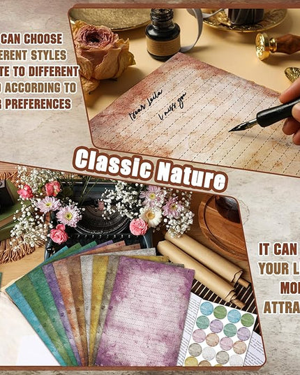 TaoBary 160 Pcs Stationery Paper Set 50 Double Sided Stationery Papers with 50 Matching Envelopes and 60 Round Dot Sticker, 10 Design (Vintage,8.25 x 5.5 Inch)