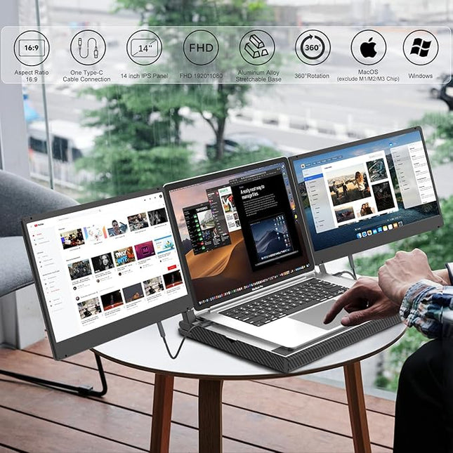 KEFEYA 14'' Triple Laptop Monitor Extender with Metal Base, 360° Rotation 1080P Portable Laptop Screen Extender for 12-17.3'' Laptops-Compatibility for Windows, Surface, MacBook, Switch, Plug & Play