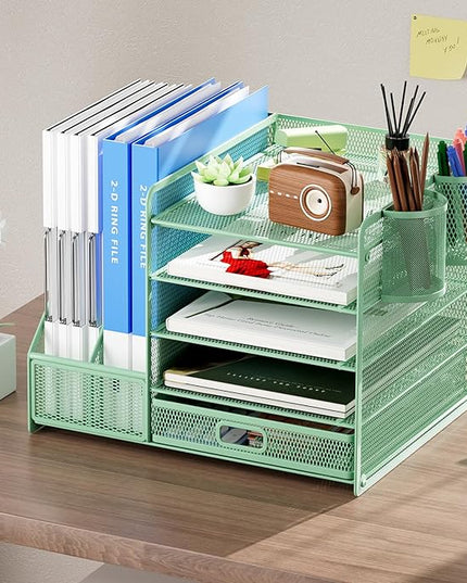 Marbrasse Desk Organizer with File Holder, 5-Tier Paper Letter Tray Organizer with Drawer and 2 Pen Holder, Mesh Desktop Organizer and Storage with Magazine Holder for Office Supplies (Green)