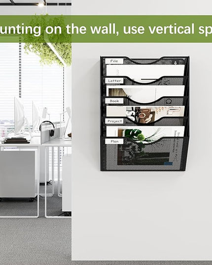 EasyPAG Hanging Wall File Organizer, 5 Pocket Wall Mounted Mail Organizer, Vertical Document Folder Holder with Nametag Label, Space Saving Paper Storage Magazine Rack for Office Home School, Black