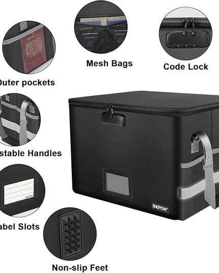 ENGPOW File Box with Lock, Fireproof Document Box with Pockets, Collapsible File Organizer Filing Storage Cabinet with Handle, Portable Home Office Safe for Hanging Letter/Legal Folders,Black,2 Pack