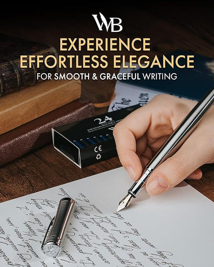 Wordsworth & Black Fountain Pen Set, Fine Nib, Includes 24 Pack Ink Cartridges, Ink Refill Converter & Gift Box, Chrome Finish Finish, Calligraphy, [Silver Chrome], Perfect for Men & Women