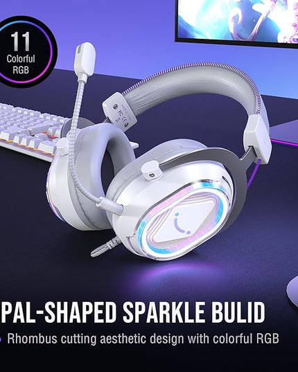 FIFINE USB Gaming Headset: Flowing RGB Lighting - 7.1 Surround Sound - Detachable Mic - Soft Ear Pads, Over-Ear Headset with Control Box, for PC, Laptop, Mac, PS5/PS4 - AmpliGame H13WP (White&Purple)
