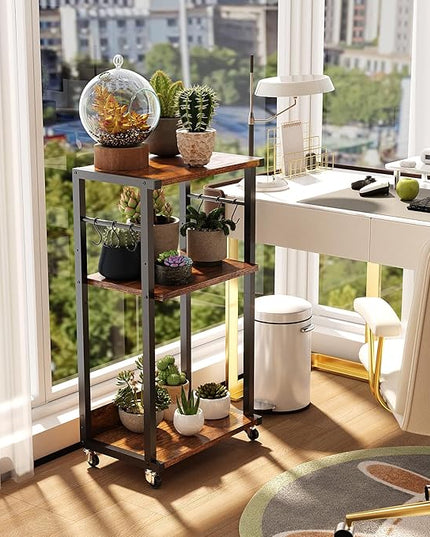 YMYNY Mobile Printer Stand, 3-Tier Printer Cart with Adjustable Storage Shelf and 6 S-Hooks, Tall Printer Table for Home Office, for Computer Tower Stand, Shredder, CPU Stand, Rustic Brown, UHPT002H