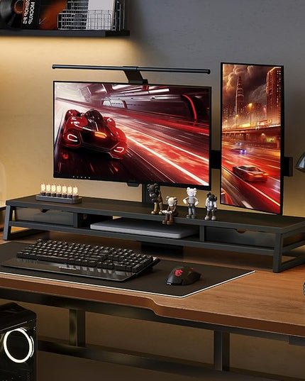 Fenge Dual Monitor Stand, Monitor Riser with Drawer, 42.5 Inch Large Computer Monitor Stand for 2 Monitors, 2 Tier Wooden Desk Shelf for Top of Desk
