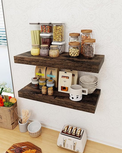 12 Inch Deep Floating Shelves, 24 x 12 Floating Shelf for Books, Rustic Wood Deep Wall Shelves for Home Storage & Display, 2" Thicked Shelves for Kitchen, Living Room, Bedroom, Rustic Brown, 1 Pack
