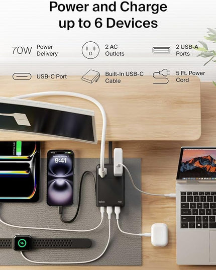 Belkin GaN Charging Station 70W, 6-in-1 USB C Charger w/ 2X AC Outlets, 2X USB A Ports, Integrated USB C Cable - Power Strip for iPhone, Apple Watch, iPad, MacBook, Chromebook, Galaxy, Pixel, & More